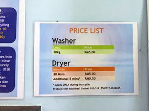 Coin Laundry Price List